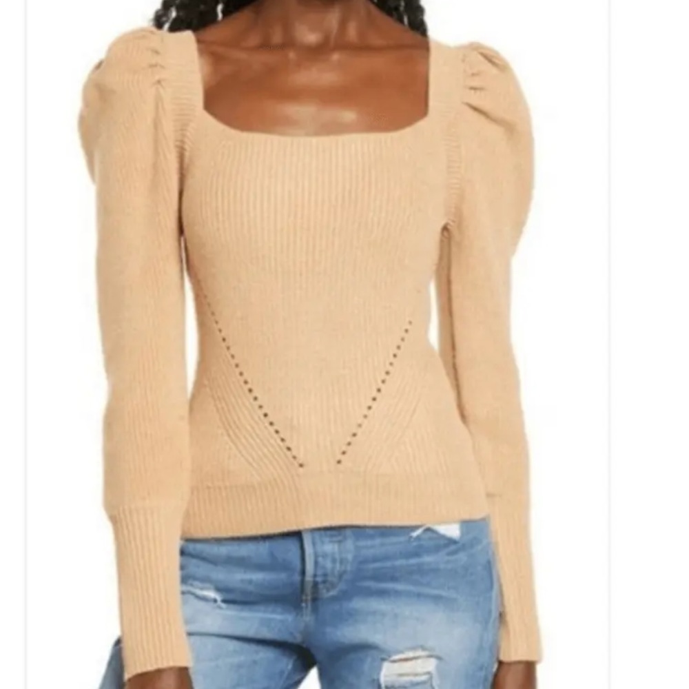 WAYF camel puff sleeves square collar back ties sweater sz M